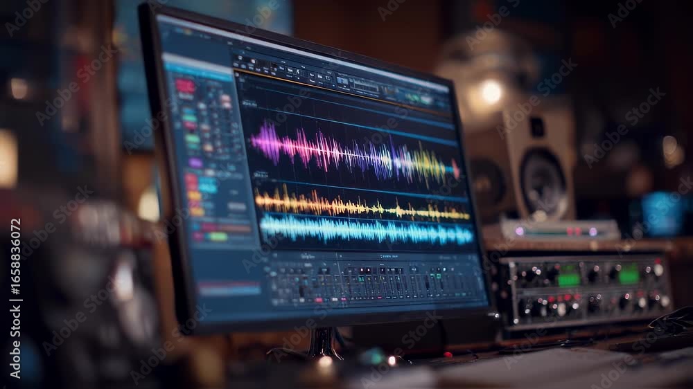 Poster medium shot focused on a digital audio workstation screen showing waveform edits surrounded by softl