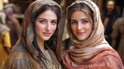 Two Women in Traditional Headscarves, Ancient Setting