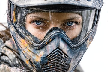 Fototapeta premium Isolated paintball player in close up on white background