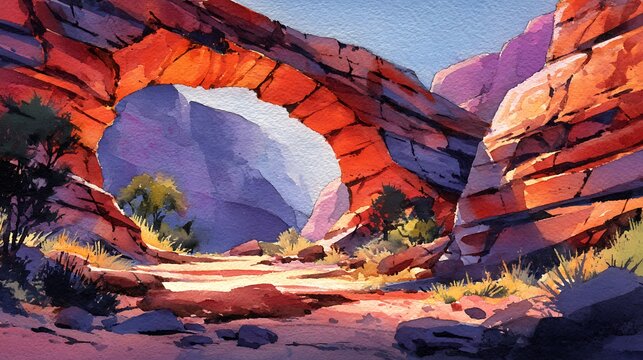 Vibrant desert canyon landscape painting with a massive boulder framed by red rock formations