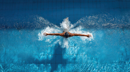 Swimmer in action demonstrates a powerful butterfly stroke in the pool.