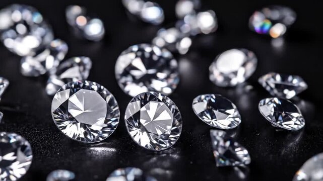 Sparkling Diamonds Scattered on a Dark Reflective Surface Showcasing Faceted Cuts and Brilliant Shine for Luxury Concepts