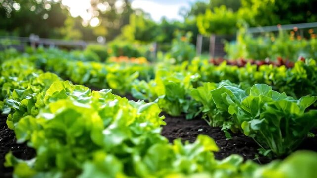 Rows of Green Lettuce Plants in a Dark Soil Garden with Bright Sunlight and Bokeh Background on a Sunny Day