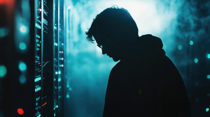 Silhouette of a person with glasses standing near server racks in a dark blue lit environment