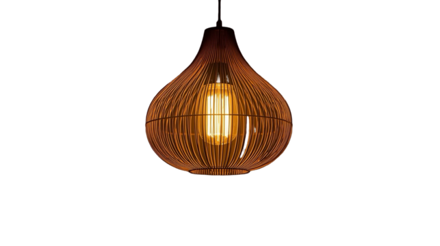 Illuminated Indoor Woven Wooden Pendant Light Fixture on Dark Background