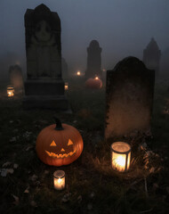 Pumpkins and lanterns set among ancient gravestones, with mist and faded flowers, at dusk.