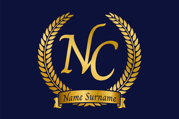 Initial letter N and C, NC monogram logo design with laurel wreath. Luxury golden calligraphy font.