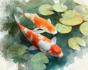 Serene japanese koi fish swimming gracefully among lily pads in a tranquil pond