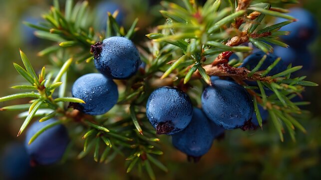 Close up of deep blue juniper berries clustered on a green evergreen branch with soft focus background