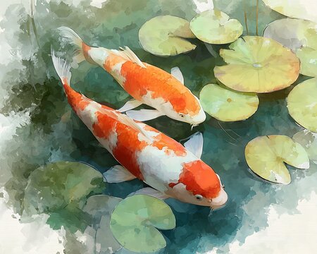 Serene japanese koi fish swimming gracefully among lily pads in a tranquil pond