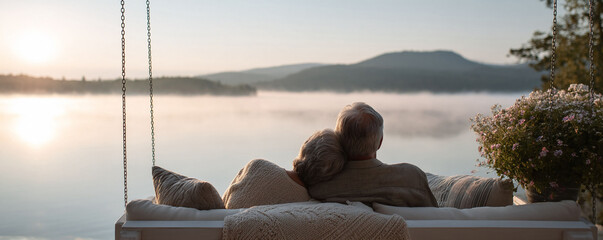 Elderly couple relaxing on porch swing, enjoying tranquil lake view at sunrise. Represents peaceful retirement, love, and togetherness. Serene background.