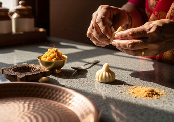 Devotee's Hands Crafting Traditional Modak Sweets with Aromatic Spices for Authentic Ganesh Chaturthi Celebration