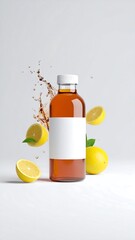 A bottle of beverage with lemon splash
