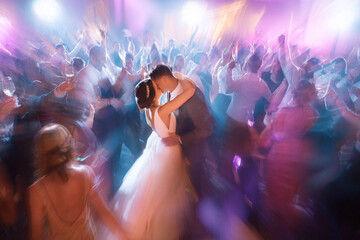 A newlywed couple shares a kiss on a vibrant dance floor amidst celebrating guests. Represents joyous moments, special events, and the euphoria of love  celebration.
