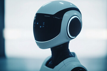 Futuristic Robot Head with White and Black Design in Sci-Fi Setting