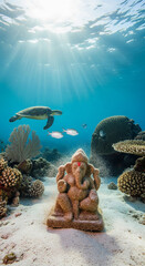Biodegradable Ganapati Bappa idol gracefully dissolving in crystal-clear ocean, promoting marine biodiversity conservation during Ganesh Chaturthi.