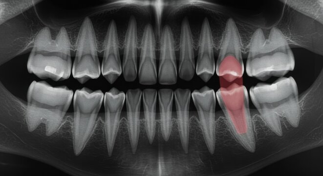 Panoramic dental xray highlighting a diseased tooth with root decay