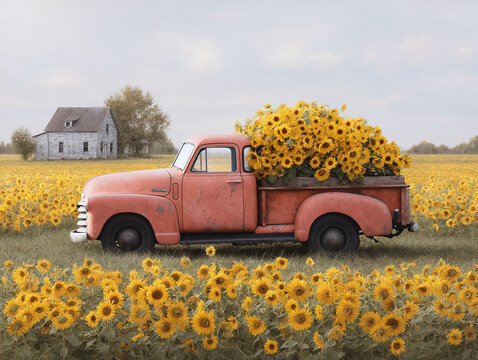 Fototapeta Nostalgic scene of an antique red truck filled with sunflowers, parked in a blooming field. Farmhouse background. Represents summer, harvest, and country life.