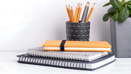 chic minimalist desk setup with stacked notebooks colorful pencils and potted plant on white surface