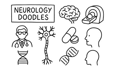 Fototapeta premium Neurology doodles: hand drawn icons of brain, neuron, and medical devices