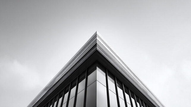 Modern building corner converging towards a bright sky. Minimalist monochrome design. Powerful imagery suitable for architecture, finance, or corporate themes.