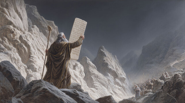 Epic scene shows an old sage holding inscribed tablets atop a mountain as followers gather below, evoking themes of leadership, faith, and tradition.