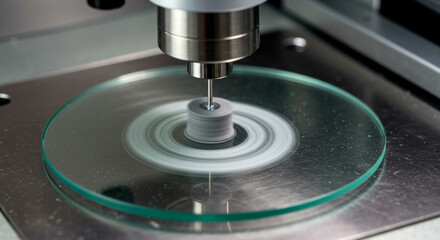 High-Speed Metal Tool Polishing Transparent Glass Disc with Circular Motion Blur in Precision Engineering Setup