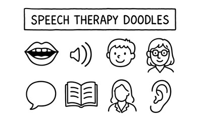 Obraz premium Speech therapy doodles: fun cartoon icons for learning and communication