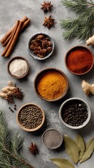 Enjoying spices in bowls on a gray surface, surrounded by herbs and natural elements