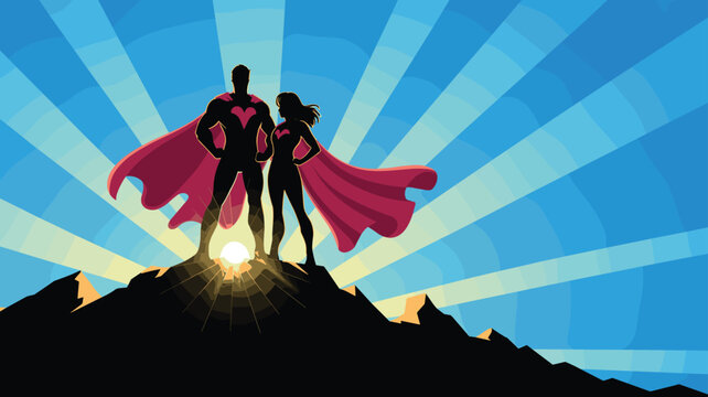 Superhero couple silhouette standing on a mountain at sunrise. A powerful man and woman team with capes looking over the horizon with sun rays.