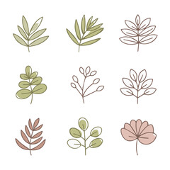 Fototapeta premium Minimal botanical outline icon set – 9 nature vector elements of leaves and floral fronds in soft earthy tones