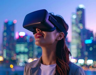 Woman VR experience in city at dusk
