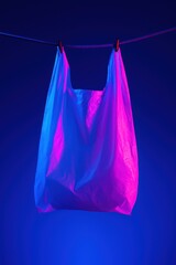A vibrant plastic bag suspended on a clothesline, illuminated by striking blue and pink lights, creating a modern, artistic composition.