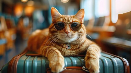 An orange tabby cat wearing sunglasses rests on a green suitcase in a train cabin. The interior features wooden accents and soft lighting.