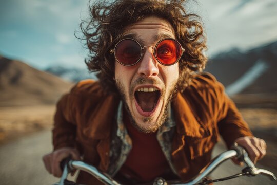 Energetic hipster sporting vintage shades enjoying outdoor activities on a bicycle Adventurous athlete animated expression discovering new places on a mountain bike