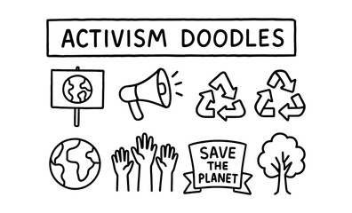 Fototapeta premium Hand drawn activism doodles with environmental icons and slogans