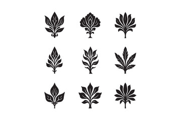 Collection of nine ornamental floral motifs in black silhouette