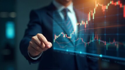 A professional points out key market trends on a graph, perfect for use in business presentations or financial reports - Powered by Adobe