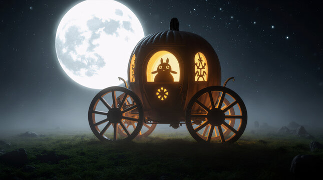 A glowing pumpkin carriage in a misty, moonlit clearing, surrounded by magic and forest charm