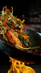 Freeze Motion of Flying Asian Wok Ingredients with Fire Flames