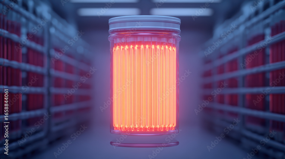 Aufkleber a glowing cylindrical object with vertical red lines, set against a blurred background of shelves, c