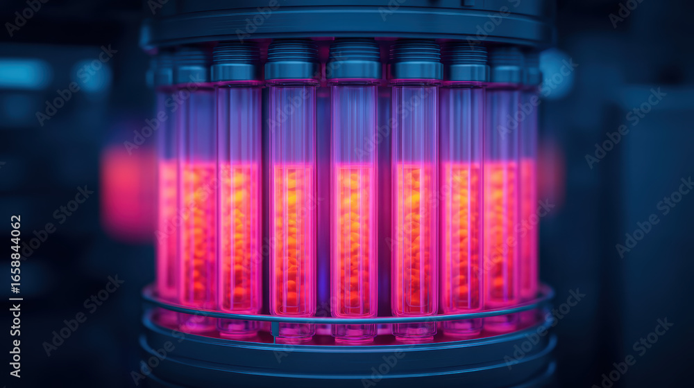 Poster a futuristic display of glowing test tubes filled with vibrant liquid, set against a dark background