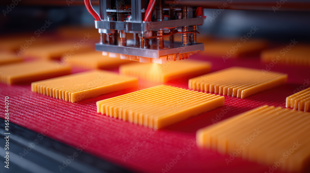 Poster a 3d printer is creating orange objects on a red surface, showcasing the precision and innovation of
