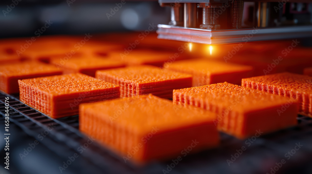 Poster a close-up of orange, square objects being processed by a machine, highlighting a modern manufacturi