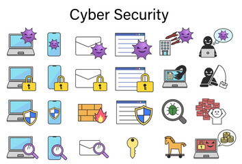 サイバーセキュリティ、サイバー攻撃、情報セキュリティに関するイラスト素材セット