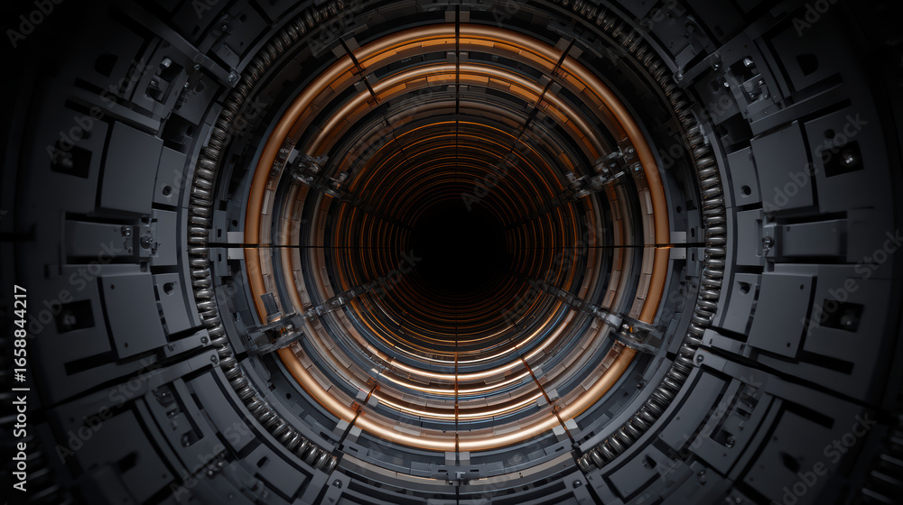 Poster a futuristic tunnel with circular patterns and glowing edges creates a sense of depth and mystery, d