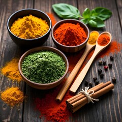 Colorful Spices and Herbs on Rustic Wooden Table