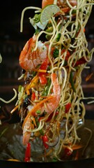 Freeze Motion of Flying Asian Wok Ingredients with Fire Flames