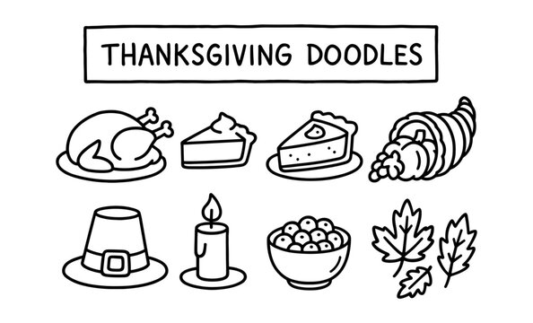 Thanksgiving doodles collection featuring traditional holiday icons