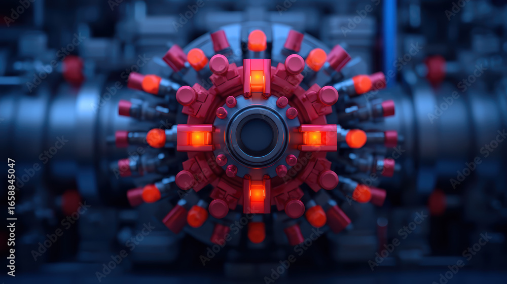 Aufkleber a close-up of a futuristic mechanical component, featuring vibrant red elements and intricate design